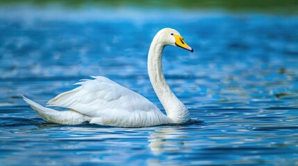 Obraz premium Swimming Whooper Swan in Blue Water with Copy Space at Milicz Ponds Poland