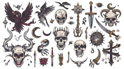 Naklejka premium In the picture, there is a set of tattoo elements, including numerous skulls, weapons, and various decorative elements.