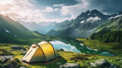 Fantastic panoramic view of the mountain lake. Dramatic overcast sky. Camping tent concept., generative ai