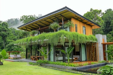 Obraz premium Sustainable architecture with green roof blends seamlessly into lush forest surroundings