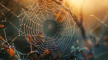 Sunlit Dew-Covered Spider Web