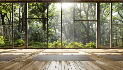 Empty clean yoga gym room studio interior with big windows mats on wooden floor. Place for yoga exercises group meditation practices retreats sessions background in natural forest garden area building