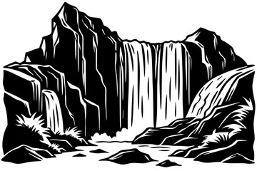 Waterfall Cascades,Water tumbling down rocky cliffs vector silhouette