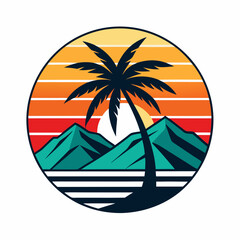 Vector retro concept composition with Palm tree and mountain with a sunset in white background