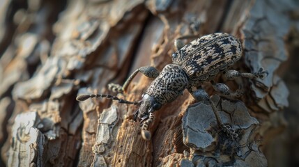 Obraz premium Detailed Weevil Crawling on Weathered Tree Bark with Intricate Textures and Naturalistic Shading