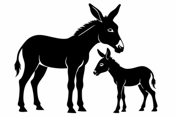 Donkey with her cute baby vector silhouette white background