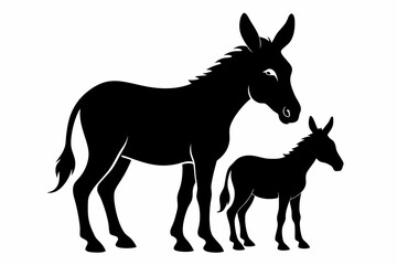 Donkey with her cute baby vector silhouette white background