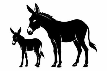 Donkey with her cute baby vector silhouette white background