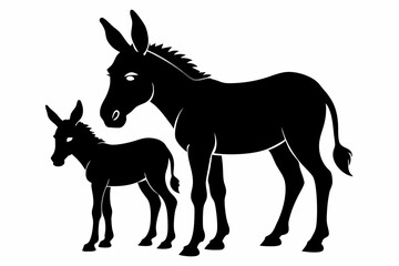 Donkey with her cute baby vector silhouette white background