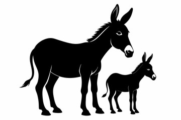 Donkey with her cute baby vector silhouette white background