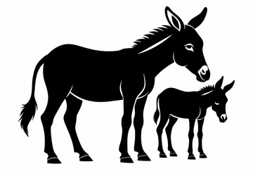 Donkey with her cute baby vector silhouette white background