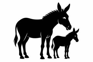 Donkey with her cute baby vector silhouette white background