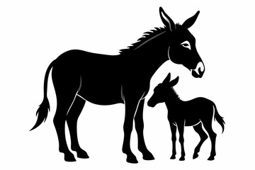 Donkey with her cute baby vector silhouette white background