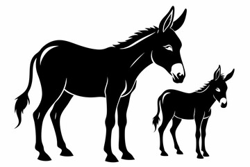 Donkey with her cute baby vector silhouette white background
