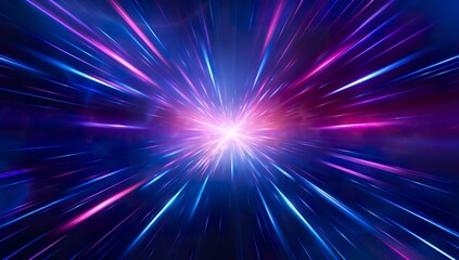abstract neon light rays background with blue and purple glowing lines in space tunnel. Glowing flare from speed motion