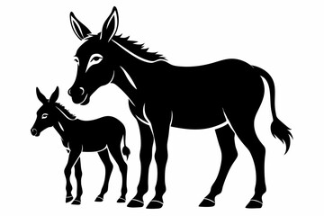 Donkey with her cute baby vector silhouette white background
