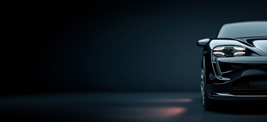 Sleek Black Luxury Car with Illuminated Headlights, Automotive Design 
