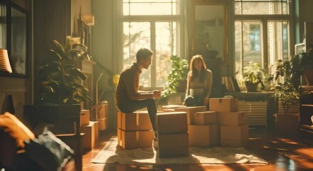 couple moving into a new house, putting things inside boxes and packing up their stuff for relocation