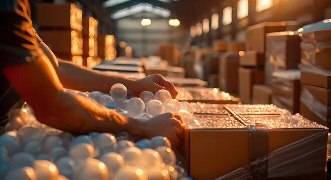  hands packing boxes with bubble wrap for shipping at a startup warehouse, focusing on safety for delivery and supply chain management,