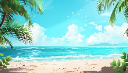 Fototapeta premium Beautiful Summer Beach Background with Palm Leaves and Ocean View 