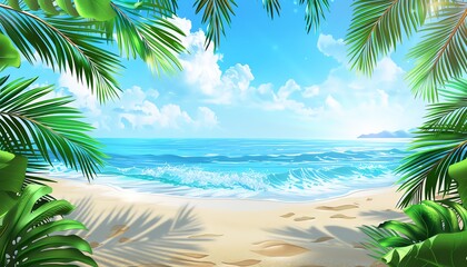 Fototapeta premium Beautiful Summer Beach Background with Palm Leaves and Ocean View 