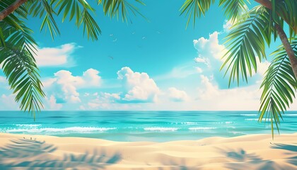 Obraz premium Beautiful Summer Beach Background with Palm Leaves and Ocean View 