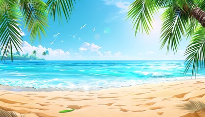 Beautiful Summer Beach Background with Palm Leaves and Ocean View 