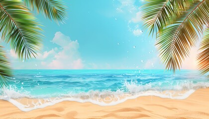 Beautiful Summer Beach Background with Palm Leaves and Ocean View 