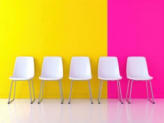 Obraz premium A row of white chairs are lined up against a yellow wall. The chairs are empty, and the room is bright and cheerful. The chairs are arranged in a row, with the first chair on the left