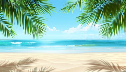 Beautiful Summer Beach Background with Palm Leaves and Ocean View 