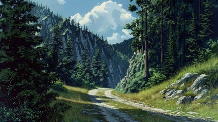 Obraz premium Mountain road cutting through dense trees, rolling grass, and towering rocky cliffs