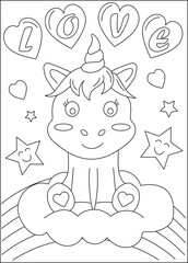 unicorn love and affection theme coloring book page