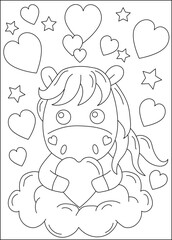 unicorn love and affection theme coloring book page