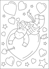 unicorn love and affection theme coloring book page