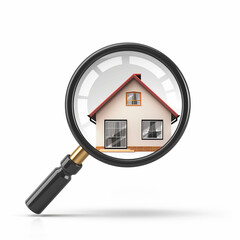 magnifying glass focus on house, isolated on white background