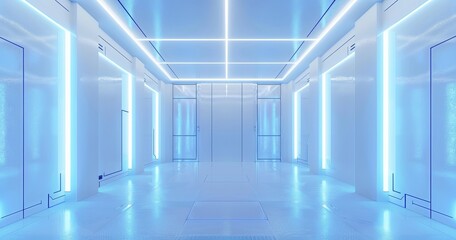 This 3D rendering shows a realistic white sci-fi corridor with lights