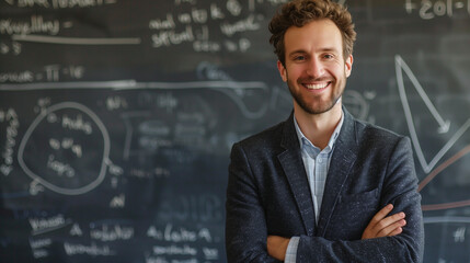 businessman smiling with math equations on black board