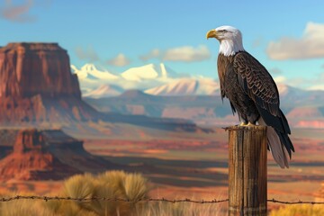 Fototapeta premium A bald eagle is perched on a wooden post in the desert