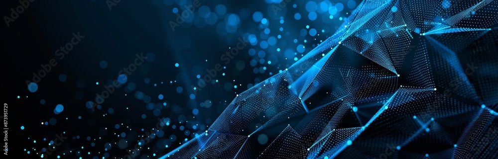 Poster an abstract blue geometric background with waves of particles. data visualization abstract illustrat