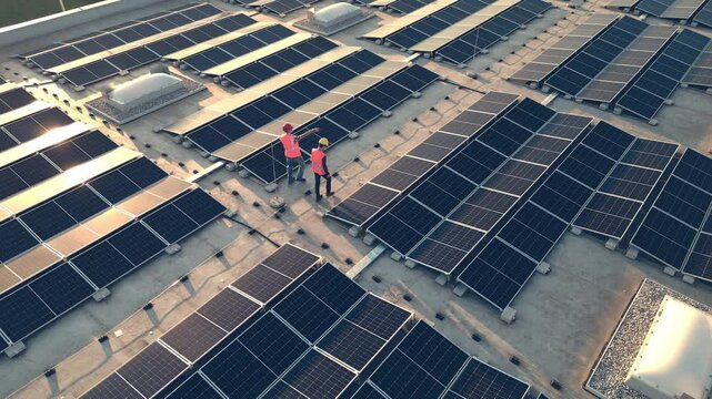Workers conducting maintenance on rooftop solar panels array at sunset, aerial view. Engineers walking on roof while inspecting PV modules drone view. Green energy generation
