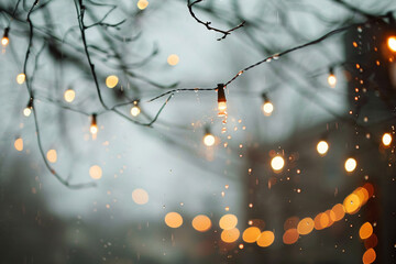 Photo of string lights hanging in the rain, with blurred garden party background. Minimalist style.


