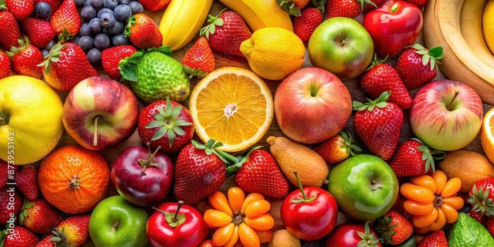 Wall mural A colorful mix of various fresh fruits including apples, oranges, strawberries, and bananas, fruits, mix, colorful