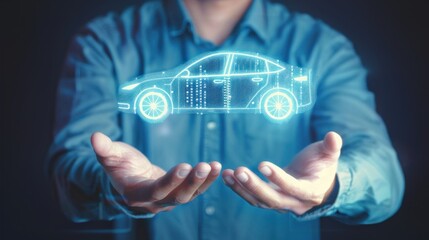 Obraz premium A man in blue shirt holding virtual glowing car icon illustrating futuristic transportation and technology concept