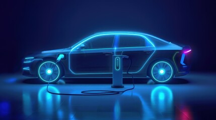 A digital electric car charging with blue neon light on dark background showcasing futuristic eco friendly transportation concept