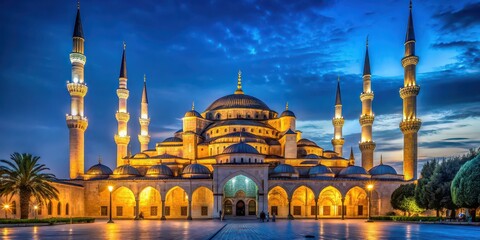 Naklejka premium Blue mosque glowing in the night with intricate architecture and beautiful lighting, blue mosque, night, architecture