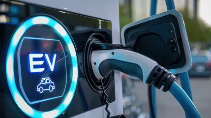 A close up of an electric vehicle charging port with digital screen displaying the text EV illustrating modern electric vehicle technology