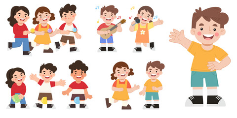 Happy children playing games illustration set vector