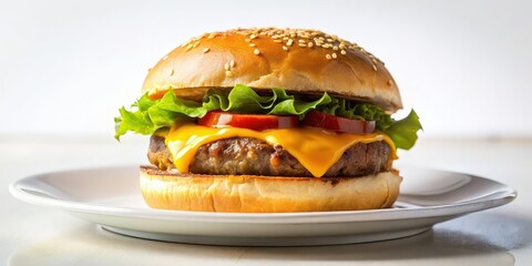 Cheeseburger with a bite taken out of it resting on a white plate, bitten, cheeseburger, food, fast food, delicious, hamburger