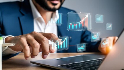 A businessman is working outdoors, utilizing a laptop and virtual screen to analyze data for his business