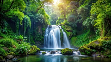 Obraz premium A beautiful waterfall nestled in the lush green forest, waterfall, nature, woods, serene, tranquil, flowing water